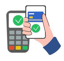 Processing of App Smartphone payment. POS terminal and hand holding phone. Contactless payment method. Vector flat illustration.