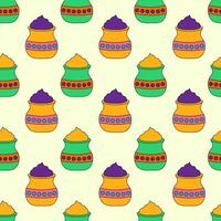 Seamless Pattern with Holi Jar gulal elements. Design for celebration of Indian festival of love and color. Vector flat illustration.