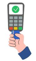 Processing of card payment. POS terminal with hand holding debit or credit cards. Contact payment method. Vector flat illustration.