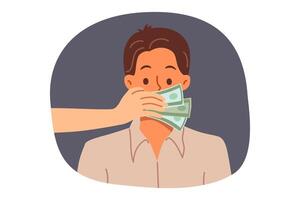 Cover man mouth with hands, bribing person for silence, or stopping disclosure of secret information. Censorship and use of money to restrict freedom of speech and violate principles of democracy vector