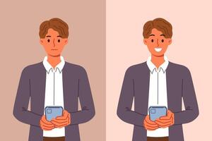 Business man with mobile phone feels happy or sad after using application or receiving message vector