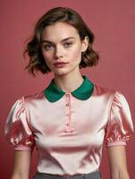 AI generated Vintage 1940s pink soft silk Satin Dress, woman wearing a puffy sleeve silk shirt photo