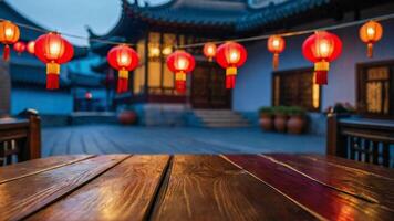 AI generated Empty table in front of Chinese street city with lanterns background. For product display montage photo
