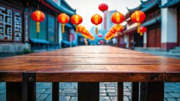 AI generated Empty table in front of Chinese street city with lanterns background. For product display montage photo