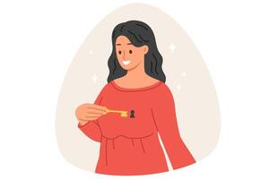 Woman with key to heart and keyhole in chest, as metaphor for love and readiness for romantic relationship with boyfriend. Concept love and desire to get married in girl who meets guy likes vector