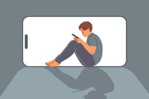 Boy suffers from digital addiction and uncontrollably uses mobile phone to chat on social networks. Child with cyber addiction dreams of becoming blogger so can work through phone. vector