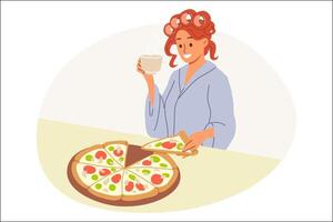 Woman eats italian pizza and drinks coffee delivered from pizzeria, standing in kitchen of house in curlers and bathrobe. Girl has breakfast with pizza, enjoying taste of traditional italian pie vector