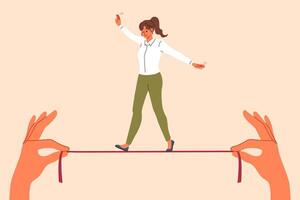 Business woman takes risks, walking tightrope in hands of employer, demonstrating ability to balance vector
