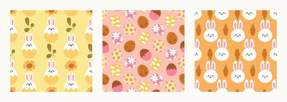 Happy Easter seamless pattern vector. Set of square cover design with easter egg, flower, rabbit, carrot. Spring season repeated in fabric pattern for prints, wallpaper, cover, packaging, kids, ads. vector