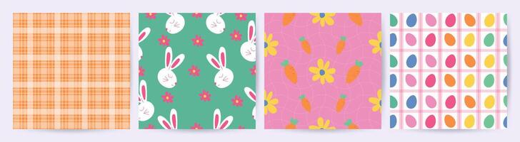 Happy Easter seamless pattern vector. Set of square cover design with easter egg, flower, rabbit, carrot. Spring season repeated in fabric pattern for prints, wallpaper, cover, packaging, kids, ads. vector