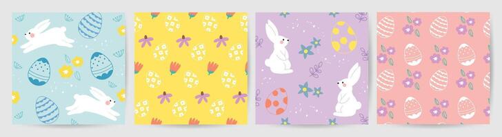 Happy Easter seamless pattern vector. Set of square cover design with easter egg, flower, rabbit. Spring season repeated in fabric pattern for prints, wallpaper, cover, packaging, kids, ads. vector