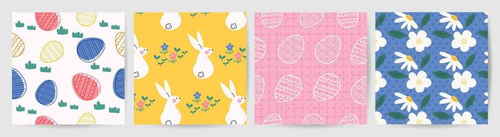 Happy Easter seamless pattern vector. Set of square cover design with easter egg, flower, rabbit. Spring season repeated in fabric pattern for prints, wallpaper, cover, packaging, kids, ads. vector