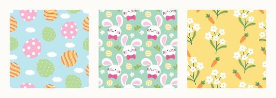 Happy Easter seamless pattern vector. Set of square cover design with easter egg, flower, rabbit, foliage. Spring season repeated in fabric pattern for prints, wallpaper, cover, packaging, kids, ads. vector