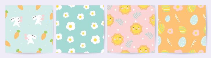 Happy Easter seamless pattern vector. Set of square cover design with easter egg, flower, rabbit, sun. Spring season repeated in fabric pattern for prints, wallpaper, cover, packaging, kids, ads. vector