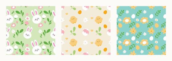 Happy Easter seamless pattern vector. Set of square cover design with easter egg, flower, rabbit, chick. Spring season repeated in fabric pattern for prints, wallpaper, cover, packaging, kids, ads. vector