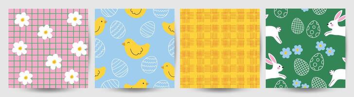 Happy Easter seamless pattern vector. Set of square cover design with easter egg, flower, rabbit, chick. Spring season repeated in fabric pattern for prints, wallpaper, cover, packaging, kids, ads. vector