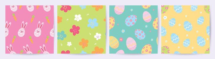 Happy Easter seamless pattern vector. Set of square cover design with easter egg, flower, rabbit. Spring season repeated in fabric pattern for prints, wallpaper, cover, packaging, kids, ads. vector