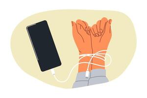 Hands digital hostage are tied with headphones from mobile phone, and symbolize dependence on social networks. Person has become digital hostage due to uncontrolled visits to websites and applications vector