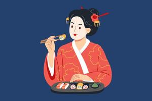 japonés mujer come Sushi con palillos, disfrutando gusto de oriental maki rollos hecho desde arroz y pez. niña en kimono come tradicional Sushi plato ese permite a permanecer sano y hermosa vector