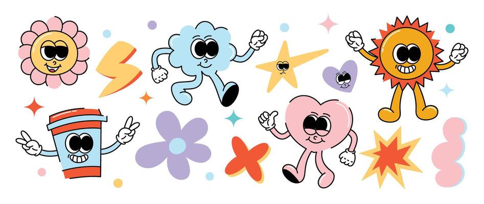 Set of funky groovy element vector. Collection of cartoon characters, doodle smile face, flower, cloud, heart, sun, cup, star. Cute retro groovy hippie design for decorative, sticker, kids, clipart.