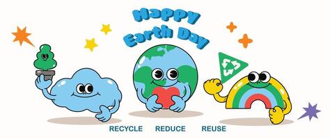 Happy Earth day concept background vector. Save the earth, globe, cloud, recycling symbol, rainbow groovy style. Eco friendly illustration design for web, banner, campaign, social media post. vector