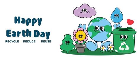 Happy Earth day concept background vector. Save the earth, globe, recycle bin, water drop, flower groovy style. Eco friendly illustration design for web, banner, campaign, social media post. vector