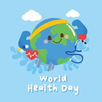 World health day concept, 7 April, background vector. Hand drawn comic doodle style of earth exercise, leaves, heart. Design for web, banner, campaign, social media post. vector