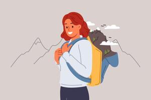 Woman goes hiking in mountains, posing in outdoor clothing with backpack for personal belongings vector