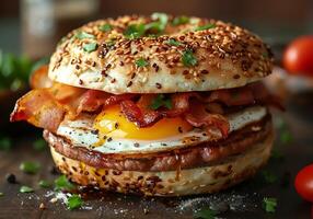 AI generated An English muffin sandwich with crispy bacon, egg and cheese. photo