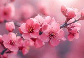 AI generated Pink flowers on pink background. Nature in colorful spring. photo