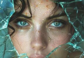 AI generated Beautiful woman behind broken glass. photo