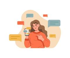 Woman blogger shows phone with messages or comments written by subscribers from social networks. Blogger girl with smartphone recommends using messaging service to promote your business. vector