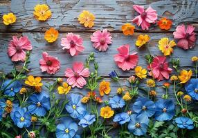 AI generated Colorful flowers on rustic wooden background. Nature with color in spring photo