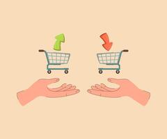 Shopping baskets in hands people exchanging consumer goods indirectly to avoid having to use money. Shopping baskets with up and down arrows symbolize retail business and food industry vector