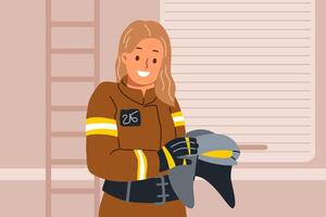 Woman firefighter holds helmet in hands, standing near rescue van and preparing to go out to extinguish fire. Young girl firefighter smiles and looks at camera, getting to fight flames vector