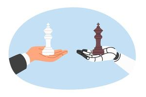 Chess kings in hands human and robot, competing in strategic planning and management knowledge. Confrontation human and robot, in board game with carriers with AI want to enslave humanity vector