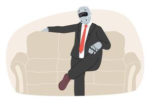 Cyborg dressed as businessman sits on sofa, for concept of replacing company management with robots. Cyborg in suit runs large corporation after enslaving people from sci-fi dystopia vector