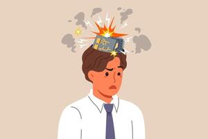 Man robot with exploding computer boards in head due to overload with work tasks vector