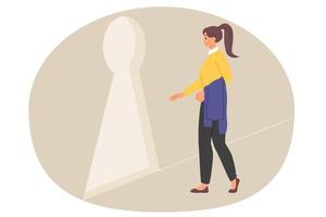 Woman found way out of difficult situation goes to giant keyhole in wall, as metaphor challenge. Girl boldly walks through unusual door, demonstrating willingness to accept challenge of fate vector
