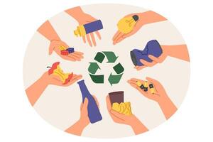 Symbol of separation and recycling of garbage among hands of people with various human waste. Concept of rubbish separation to reduce carbon footprint caused by waste incineration plants vector