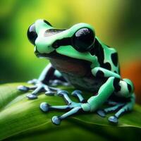 AI generated Green frog on a leaf in green background. photo