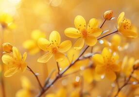 AI generated Yellow flowers on yellow background. Nature in colorful spring. photo