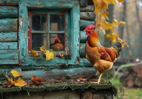 AI generated Chicken next to the old poultry house. photo