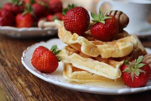 Belgian waffles with fresh berries strawberry , honey and cappuccino coffee for breakfast photo