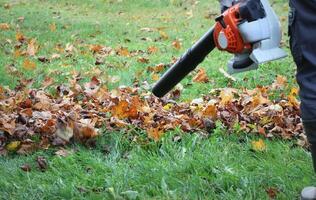 Worker cleaning falling leaves in autumn park. Man using leaf blower for cleaning autumn leaves. Autumn season. Park cleaning service. photo