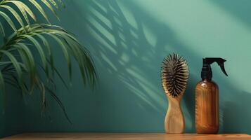AI generated Eco Elegance. Sustainable beauty tools against artistic teal backdrops. Bamboo brush and contemporary spray bottle stand out against a rich teal canvas symbolizing daily hair care photo