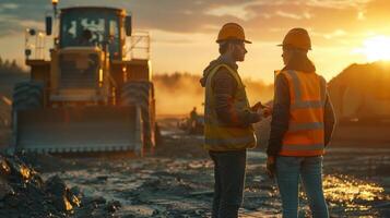 AI generated Golden Hour Construction. Workers and Machinery Against Dramatic Sunsets photo