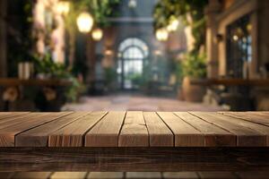 AI generated Empty wooden table and Coffee shop blur background photo