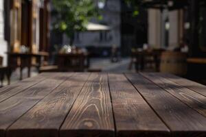 AI generated Empty wooden table and Coffee shop blur background photo