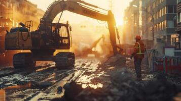 AI generated Golden Hour Construction. Workers and Machinery Against Dramatic Sunsets photo